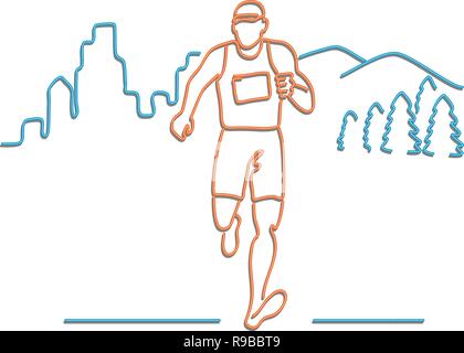Retro style illustration showing a 1990s neon sign light signage lighting of a male marathon runner running with buildings and mountains in background Stock Vector