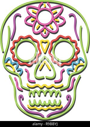 Retro style illustration showing a 1990s neon sign light signage lighting of a tattoo decorative sugar skull or calavera on isolated background. Stock Vector
