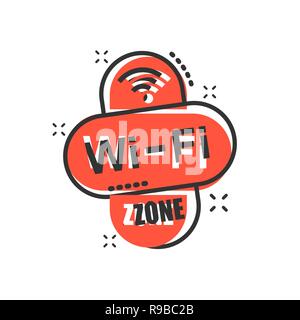 Wifi zone icon in comic style. Wi-fi wireless technology vector cartoon illustration pictogram. Network wifi business concept splash effect. Stock Vector