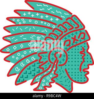 1980s Memphis style design illustration of a Native American Indian chief wearing a feathered headdress viewed from side on isolated background. Stock Vector