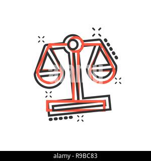 Scale comparison icon in comic style. Balance weight vector cartoon illustration pictogram. Scale compare business concept splash effect. Stock Vector