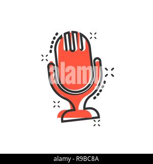 Microphone icon in comic style. Mic broadcast vector cartoon illustration pictogram. Microphone mike speech business concept splash effect. Stock Vector