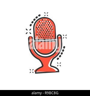 Microphone icon in comic style. Mic broadcast vector cartoon illustration pictogram. Microphone mike speech business concept splash effect. Stock Vector