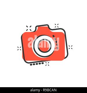 Photo camera icon in comic style. Photographer cam equipment vector cartoon illustration pictogram. Camera business concept splash effect. Stock Vector