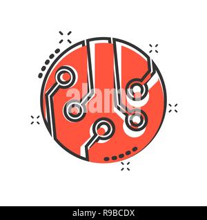 Circuit board icon in comic style. Technology microchip vector cartoon illustration pictogram. Processor motherboard business concept splash effect. Stock Vector