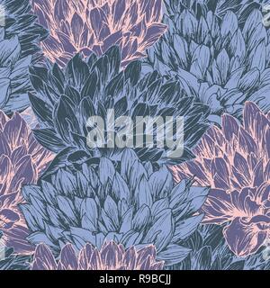 Peony hand drawn seamless pattern. Floral ink pen color texture. Sketch flowers color illustration. Chrysanthemums vintage freehand drawing. Sketched wrapping paper, textile, background vector fill Stock Vector