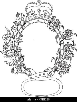 Drawing sketch style illustration of Scottish or Celtic cross buckle belt, a classic leather belt  with an English rose and thistle intertwined . Stock Vector