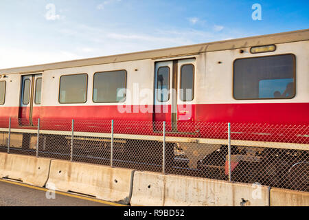 Boston MBTA subway lines, train crossing Longfellow bridge over scenic Charles river Stock Photo