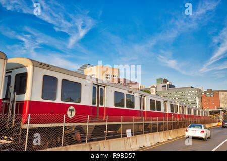 Boston, MA, USA-20 October, 2017: Boston MBTA subway lines, train crossing Longfellow bridge over scenic Charles river Stock Photo