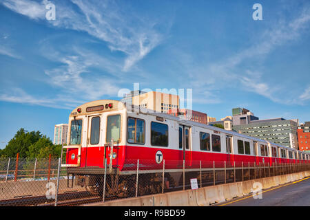 Boston, MA, USA-20 October, 2017: Boston MBTA subway lines, train crossing Longfellow bridge over scenic Charles river Stock Photo