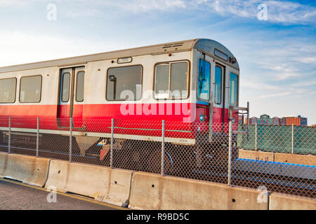 Boston MBTA subway lines, train crossing Longfellow bridge over scenic Charles river Stock Photo