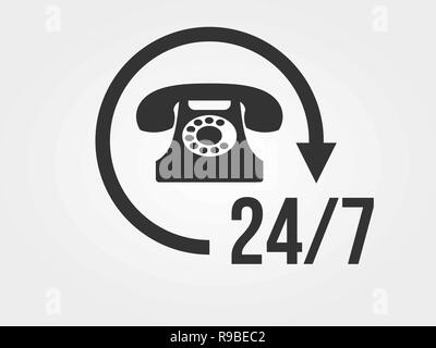 24/7 concept icon. Vintage phone icon with 24/7 customer support, customer service, call center, concept. Light gray background. Vector illustration, Stock Vector