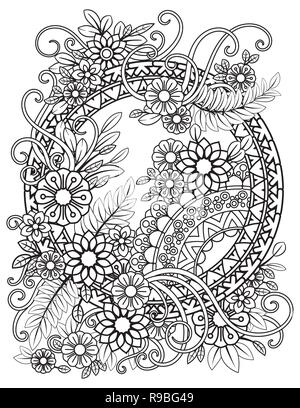 Adult coloring page with flowers pattern. Black and white floral mandala. Bouquet line art vector illustration isolated on white background. Round design element Stock Vector