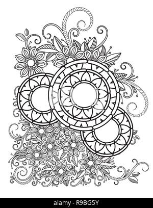 Floral mandala pattern in black and white. Adult coloring book page with flowers and mandalas. Oriental pattern, vintage decorative elements. Hand drawn vector illustration Stock Vector
