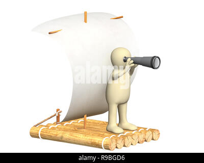 Puppet with spyglass on wooden raft. Isolated over white Stock Photo