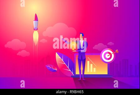 Start rocket ship in a flat style. Business startup work moments flat banner. New ideas, search for investor, increased profits. Business situation. Businessman launching startup rocket to space. Stock Vector