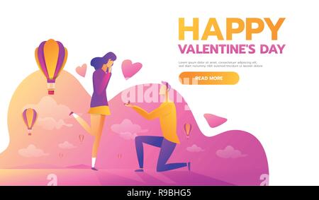 An offer of marriage. Man proposes a woman to marry him and gives an engagement ring. Vector illustration in cartoon style. Happy Valentine s Day. Stock Vector