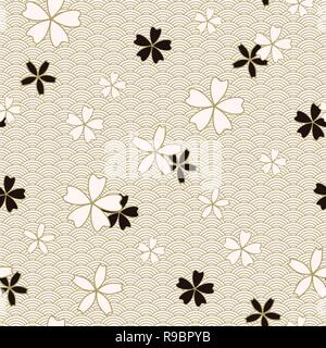 Japanese classic Sakura Vector Seamless Pattern floral in black and light beige colors. Traditional kimono, Asian festive motif with spring flowers in blossom, golden stroke effect Stock Vector