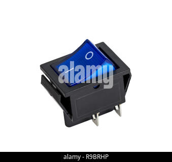 Blue electrical power switch, electronic component, isolated on white background Stock Photo