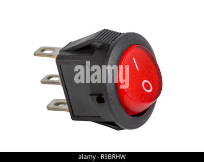 Red electrical power switch, electronic component, isolated on white background Stock Photo
