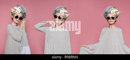 Close up beauty portrait in polka-dot dress. Collage of three photos. Fashion bright pink studio background. Fashion bright pink studio background. Stock Photo