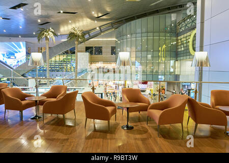 DOHA, QATAR - CIRCA MAY, 2017: inside Hamad International Airport of Doha, the capital city of Qatar. Stock Photo