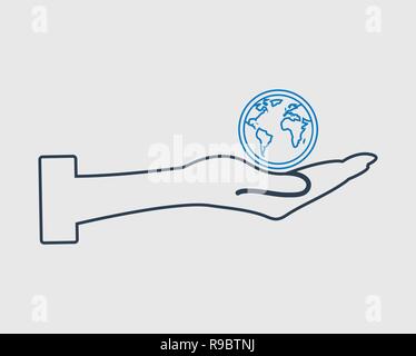 Save the earth line icon .Globe sybol on hand Stock Vector