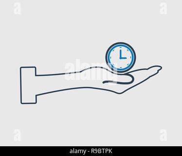 Time Management Vector line Icon. Clock symbol on hand sign. Stock Vector