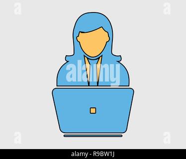 Colorful Online service Icon.  Female Icon behind computer Stock Vector
