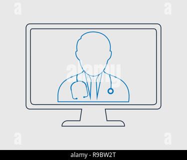 Online Doctor line Icon. Doctor is on computer screen with gray background. Stock Vector