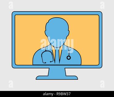 Colorful Online Doctor Icon. Doctor is on computer screen with gray background. Stock Vector