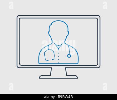 Online Doctor line Icon. Doctor is on computer screen with gray background. Stock Vector