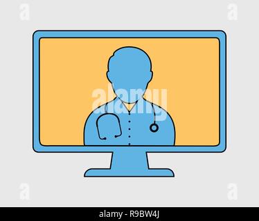 Colorful Online DoctorIcon. Doctor is on computer screen with gray background. Stock Vector