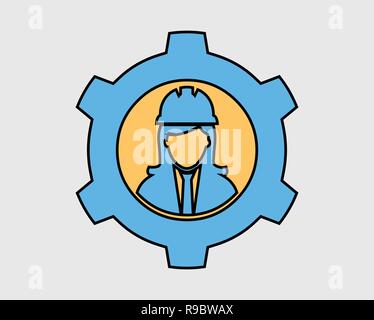 Colorful Mechanical Engineer Icon. Female Symbol with Gear Sign Stock Vector