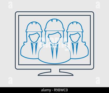 Online Engineer Team line Icon. Female Symbols on computer monitor Stock Vector