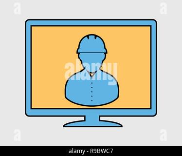 Colorful Online Technical Support Icon. Male Symbol on computer monitor. Stock Vector