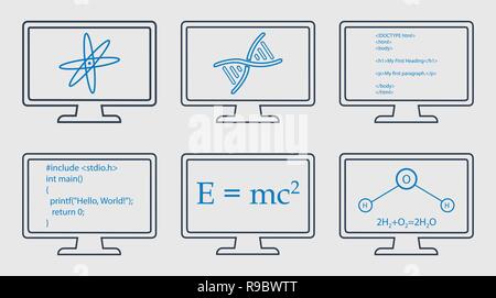 Different Subject Line Icon Set. Physics, Chemistry, Genetic Engineering and Computer Science symbols are on monitor. Stock Vector