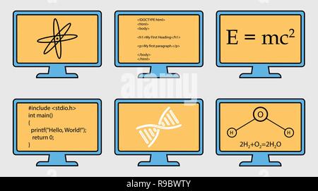 Different Subject Colorful  Icon Set. Physics, Chemistry, Genetic Engineering and Computer Science symbols are on monitor. Stock Vector