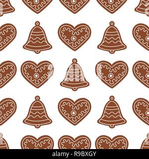 Seamless pattern with gingerbread bells and hearts. Holiday background. Design for banner, poster, textile, print. Stock Vector