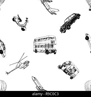 Seamless pattern of hand drawn sketch style different types of transport isolated on white background. Vector illustration. Stock Vector