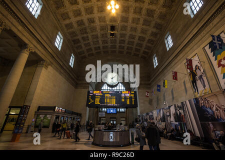 TORONTO, CANADA - NOVEMBER 13, 2018: Toronto main hall with its departures and arrivals board & passengers rushing. It is the main railway station for