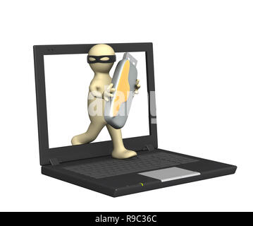 Hacker in a mask with flash drive Stock Photo