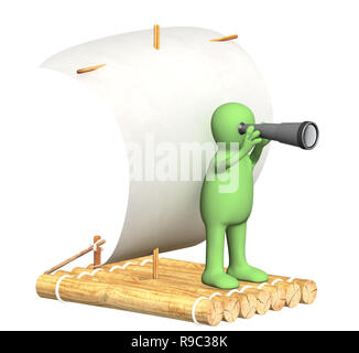 Puppet with spyglass on wooden raft. Isolated over white Stock Photo