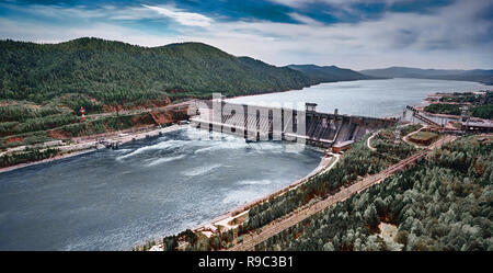 Hydroelectric power station in Krasnoyarsk. Top view from air. Stock Photo