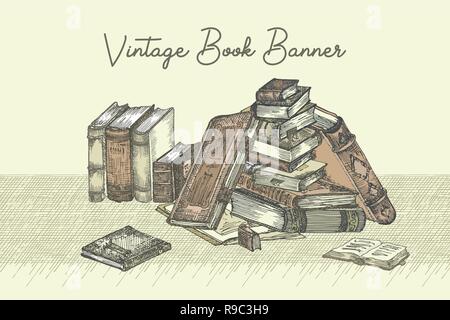 Banner with hand drawing sketch books. Concept vintage design for fair or festival flyer, paper, banner, school library retro poster, bookshop advertising in engraving style Stock Vector