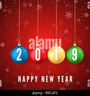 Happy New Year 2019. Greeting card with colorful Christmas balls and white numbers 2019 on them. Snowflakes falling on red background. New Year and Ch Stock Vector