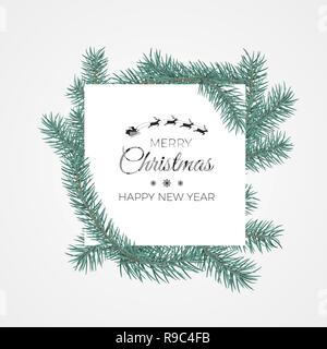 Merry Christmas and Happy New Year banner. White label for text in fir branches. Vector illustration isolated on white background Stock Vector