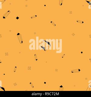 Seamless pattern with small black outline crystals, minerals and gem stones on yellow background Stock Vector