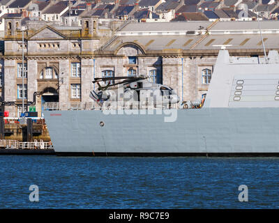 HMS Defender Type 45 warship at Plymouth Naval dockyard, A Daring class air defence destroyer, fifth of its type commision in 2013. Cornwall, UK. Stock Photo