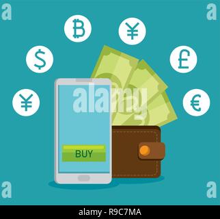 smartphone with virtual exchange financial currency Stock Vector